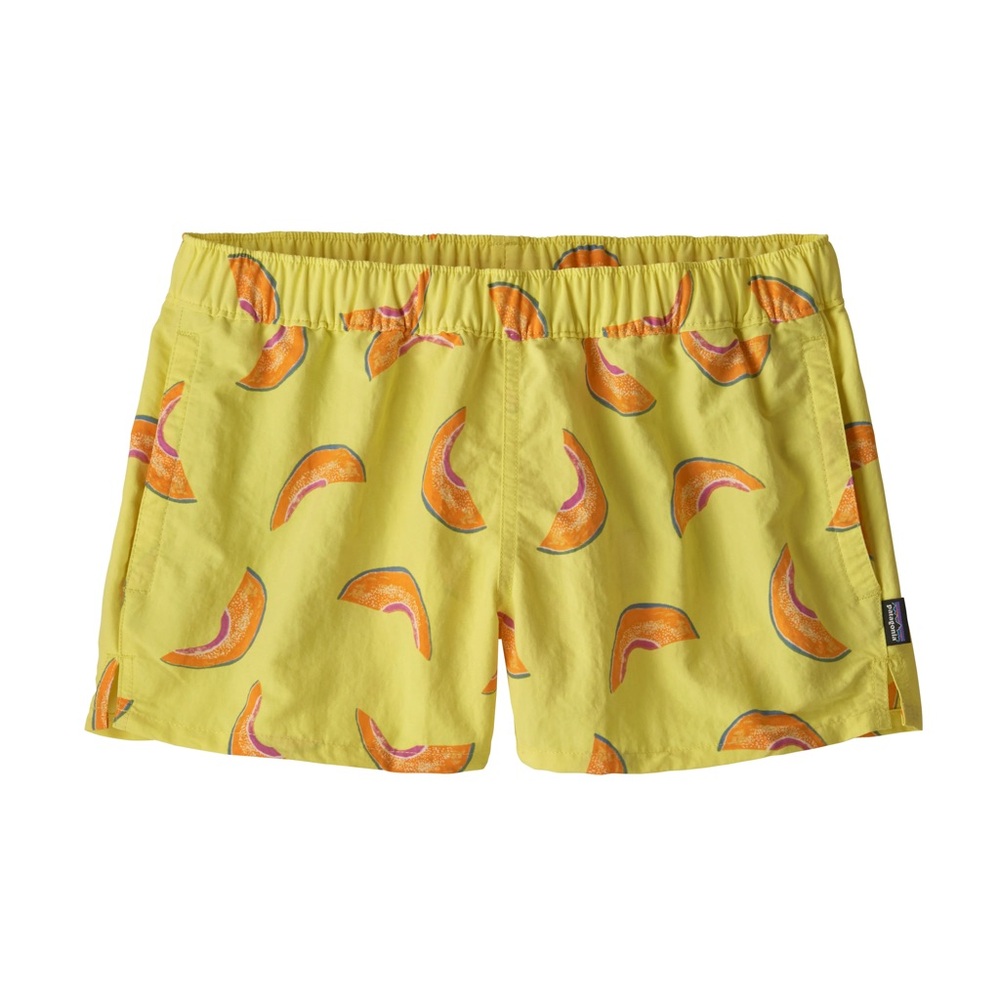 Patagonia Women's Barely Baggies Shorts in the Surfboard Yellow Cantaloupe Print